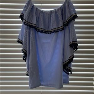 Strapless Blue & White striped Dress w/ pom poms